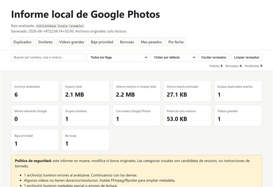 Rapport HTML local généré par Google Photos Cleaner, avec statistiques (données d'exemple).