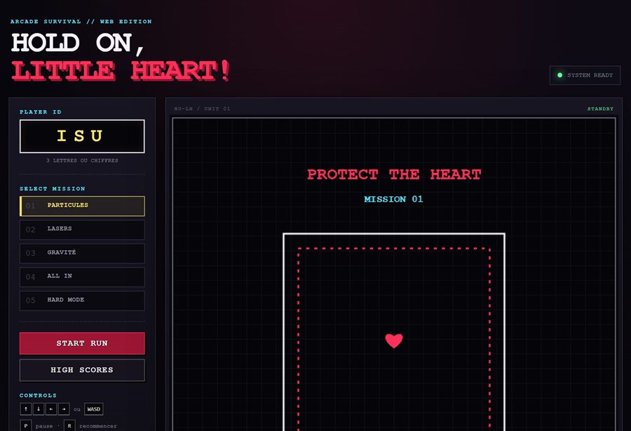 Capture du jeu Hold On, Little Heart! — version web jouable (sélection de mission).